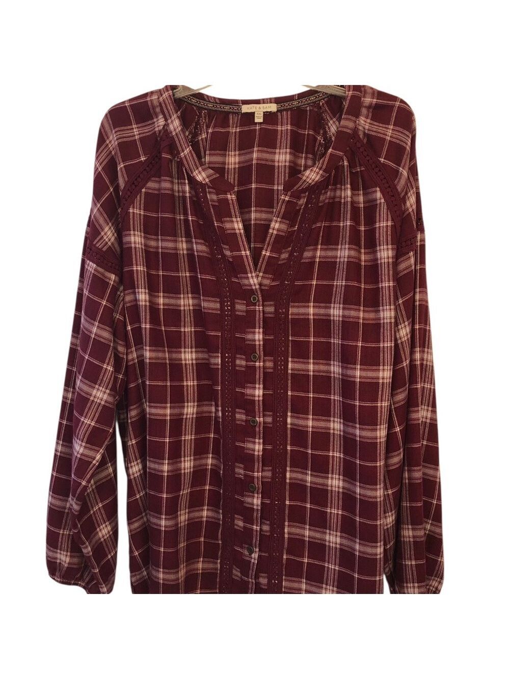 Size XXL Burgundy Plaid Button-Down Blouse Kate & Sam Boho Cottagecore Peasant